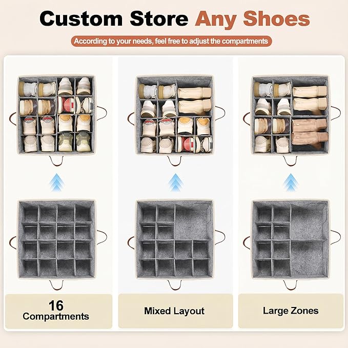 Shoe Organizer for Closet, Fabric Shoe Storage Boxes with Lids, Adjustable Dividers for 16 Pairs, Foldable Shoe Cubby with Label Window, Fits Tall Boots, Beige & Grey
