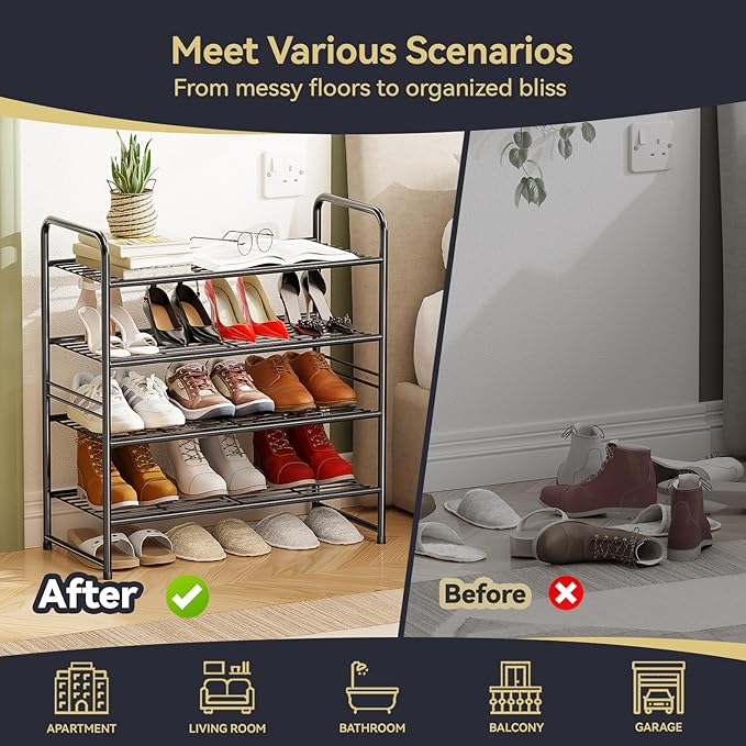 Shoe Rack Metal, Closet Shoe Organizer 4 Tier, Stackable & Adjustable, Black