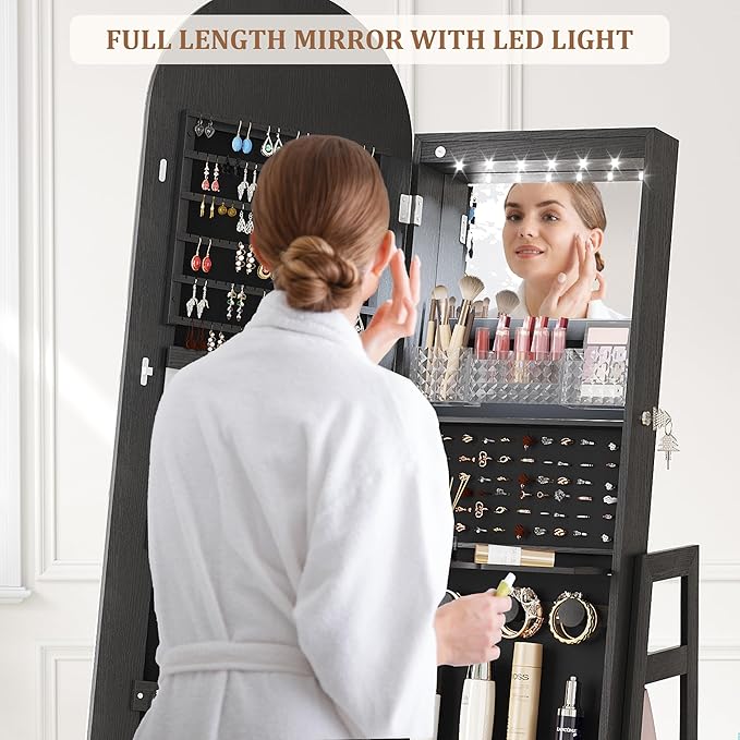 LVSOMT LED Mirror Jewelry Cabinet Standing, Lockable Jewelry Armoire with Arched Full-Length Mirror and Adjustable LED Lights, Space-Saving Jewelry Organizer with Mirror(Black)