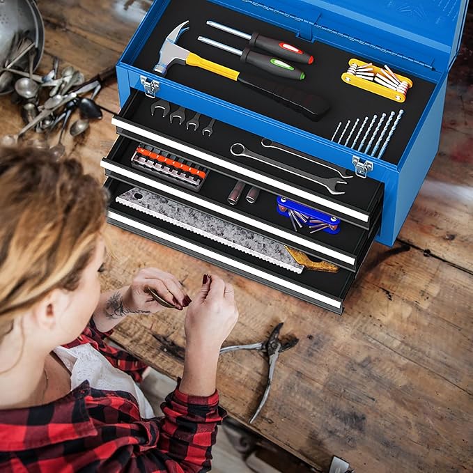 Metal Tool Box, 3-Drawer Tool Box with Carry Handle, 2 Latches & Liner, Portable Tool Chest Storage Box Organizer for Garage, Warehouse & Repair Shop (Blue)