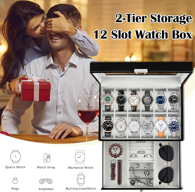 Ogrmar 12 Slot PU Leather Lockable Watch Storage Boxes, Men & Women Jewelry Display Drawer Case, 2-tier Organizer Watch Showcase with Glass Lid (Black)