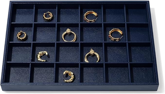 Blue Leather Jewelry Tray Earring Organizer Tray 24 Girds Jewelry Display Tray Ring Earrings Holder Trays Jewelry Drawer Organizer for Ring Earrings Storage Display
