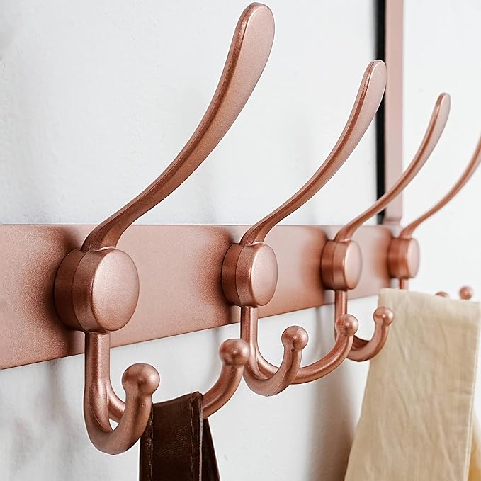 Dseap Over The Door Hook Hanger - Fits 1 3/8" to 1 3/4" Standard Doors | 5 Tri Hooks Heavy Duty Towel/Coat Rack | Door Organizer for Clothes, Jackets, Hats, Towels, Rose Gold, Pack of 2