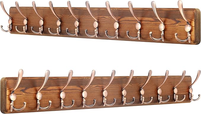 SKOLOO Coat Rack Wall Mounted - 38.3'' Long, Pack of 2, Wooden, Heavy Duty, Rustic Coat Hooks for Wall, Wall Coat Rack with 10 Triple Hooks for Hanging Clothes, Jacket, Hat(Brown & Retro Red)