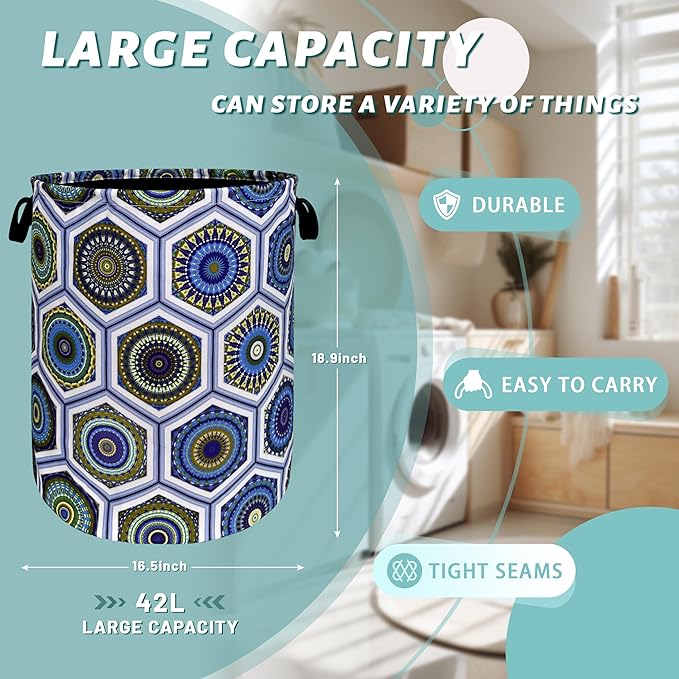 Boho Blue Green Mandala Tile Laundry Hamper Foldable With Handles Colorful Tote Bag Oxford Cloth Laundry Basket Clothes Toy Storage Bucket 18.9" x 16.5" For Bathroom/Laundry/Bedroom