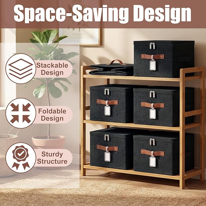 6 Pack Fabric Closet Storage Bins with Zipper Lids and Label, 15x10x10In Large Size Foldable Cotton Linen Storage Cubes Boxes with PU Leather Handles Holder for Bedroom, Shelf, Nursery, Black