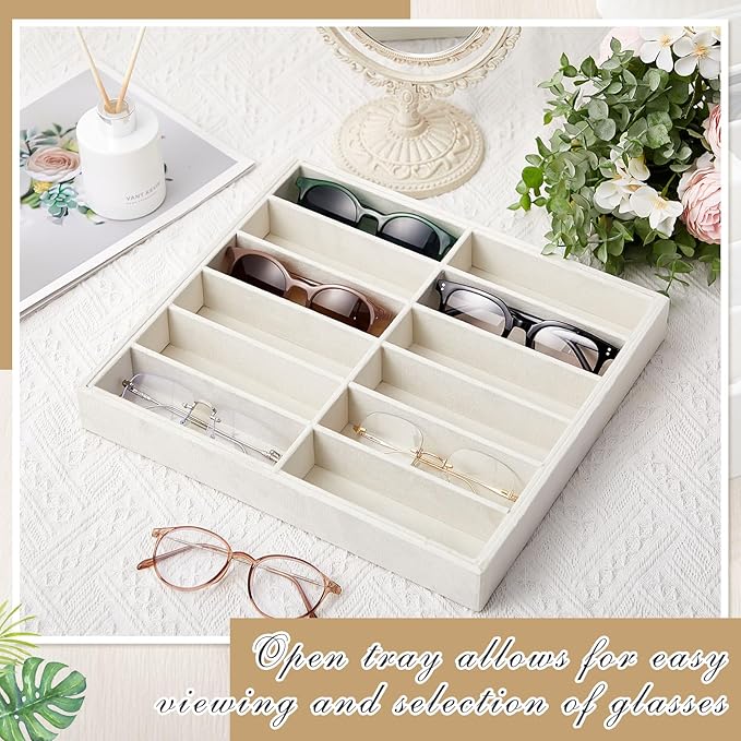 Amylove 2 Pcs Sunglass Organizer Trays Glasses Stackable Jewelry Trays Sunglass Organizer Display Box (12 Grids,Beige)