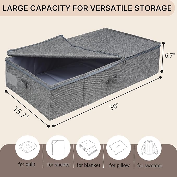 2 Pack Large Under Bed Storage Containers with Lid,Ultra Thick Underbed Clothes Storage Organizer with Sturdy Sidewalls,Foldable Under Bed Bag for Shoe,Blankets,Sweater,30x15x7 inch,Grey