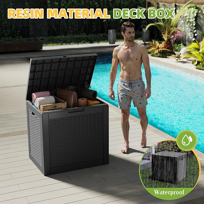 Vixzen 31 Gallon Waterproof Resin Deck Box, UV Resistant Outdoor Storage for Garden, Patio, Porch, Delivery,Rattan （Black，31 Gallon）
