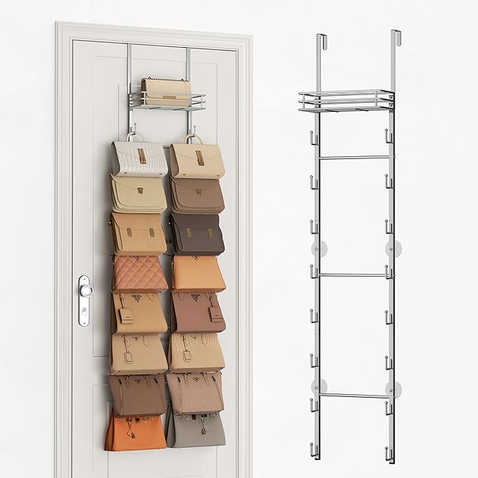 SWTYMIKI Over The Door Purse Organizer - Wall Mounted Handbag Organizer with 16 Hooks and Metal Basket, Hanging Purse Storage Rack Holds up to 16 Bags, Bag Rack Can Use As 1/2 Part, for Door, Closet