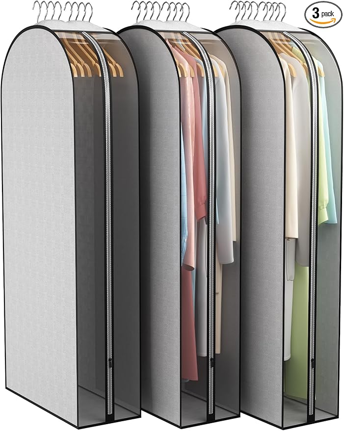 10" Gusseted Garment Bags for Hanging Clothes 50" Suit Bags for Open Closet Storage, Side Clear Clothing Cover for Coat, Dress, Jacket, Shirt, Fur Wardrobe Protector, 3 Packs, Grey