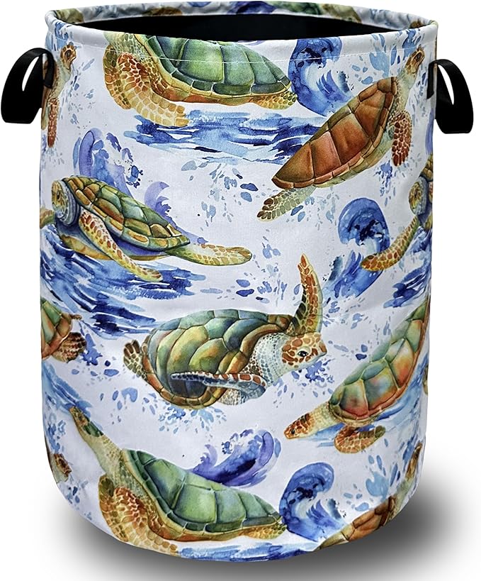 Sea Turtles Laundry Basket With Handles Oxford Cloth Tote Bag Colorful Turtle Laundry Hamper 18.9"x16.5 "Foldable Clothe Storage Bucket Toy Organizer For Bathroom/Laundry/Bedroom