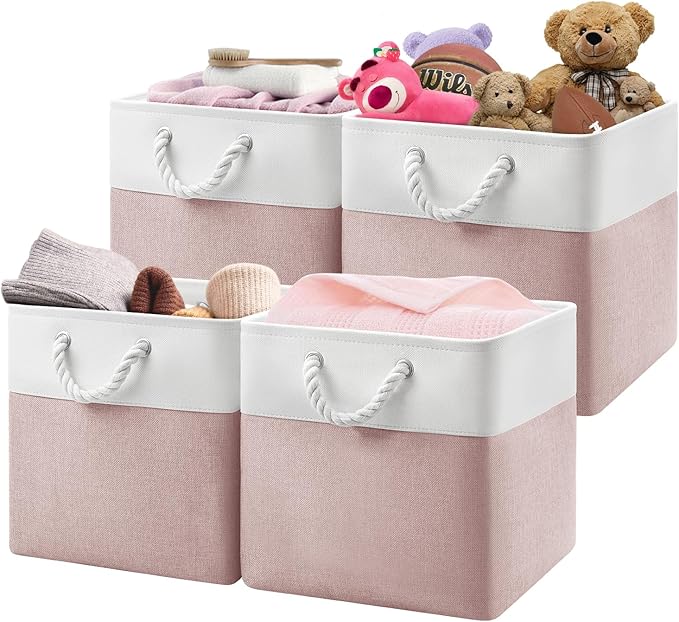 13x13x13 Storage Cube Bins,Set of 4, Large Foldable Fabric Storage Cubes with Handles for Organizing Home, Closet, Shelf, Office(White&Pink)