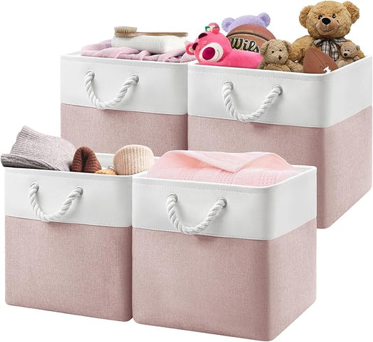 13x13x13 Storage Cube Bins,Set of 4, Large Foldable Fabric Storage Cubes with Handles for Organizing Home, Closet, Shelf, Office(White&Pink)