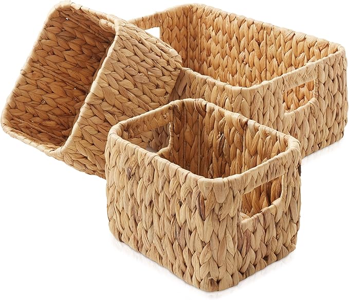 Casafield Set of 3 Water Hyacinth Storage Baskets for Shelves - 1-Large, 2-Small Woven Organizers with Handles for Bathroom, Laundry, Pantry, Office