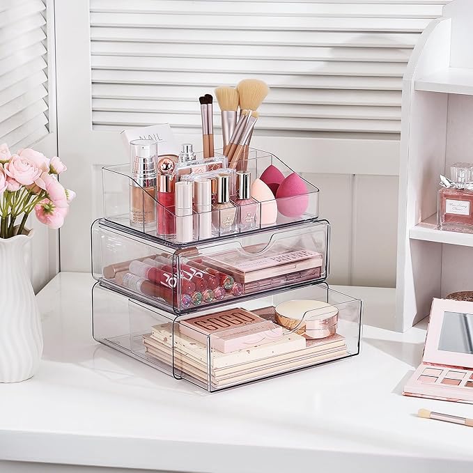 Vtopmart 3 Tier Clear Makeup Organizer with Drawer, Cosmetic Storage for Dresser Countertop and Bathroom Vanity, Beauty Holder for Lipstick Brush Skincare