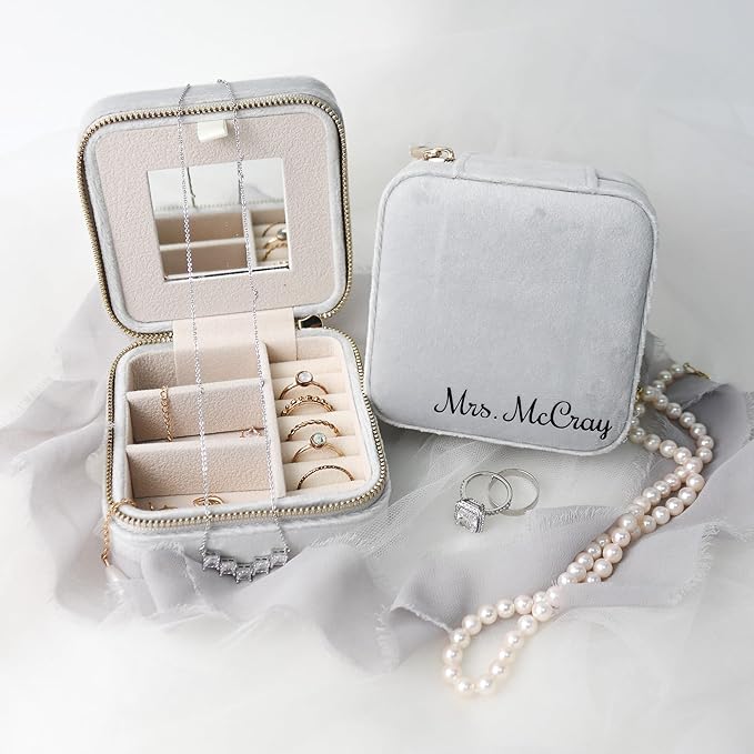 Customizable Compact Velvet Jewelry Box with Mirror, Travel Jewelry Case, Travel Jewelry Organizer, Jewelry Box for Women and Girls, Small Jewelry Organizer (Bottom Right Text, Milky Gray)