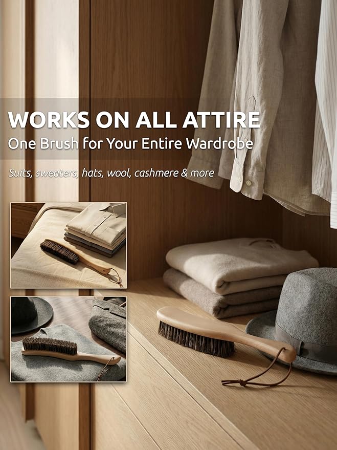 Lint Brush for Clothes with 100% Soft Horse Hair Bristle, Large Beech Wood Handle, Lint Remover for Hat, Pet Hair, Suits, Cashmere, Wool, Velvet, Suede, Shoe