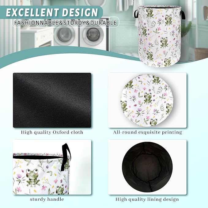 Cute Frog Laundry Hamper Foldable With Handles Kawaii Frogs Tote Bag Universal Oxford Cloth Funny Laundry Basket Clothes Toy Storage Bucket 18.9" x 16.5" For Bathroom/Laundry/Bedroom
