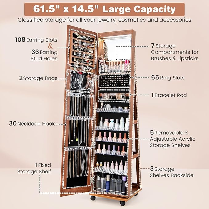 CHARMAID Jewelry Cabinet Armoire with Wheels, 64" H Full Length Mirror, 3-Color LED Lights, Height Adjustable Shelves, Lockable Standing Jewelry Organizer with Back Storage Shelves (Walnut)