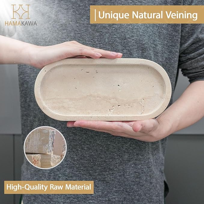 Bathroom Vanity Tray, Natural Marble Oval Sink Tray 10 inch, Beige Travertine Vanity Tray for Soap Dispenser Modern Countertop Organizer for Kitchen Countertops, Home Decor