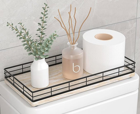 Toilet Paper Basket Organizer – Ash Wood Toilet Tank Tray with Metal Frame, Back of Tank or Top Bathroom Counter Storage – Black & Whitewashed Modern Decor