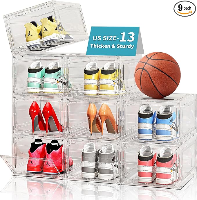 Upgraded Clear Shoe Storage Boxes Stackable 9 Pack Shoe Organizer for Closet, Drop Front Shoe Boxes with Magnetic Door, Shoe Sneaker Display Case, Shoe Storage Organizer, Fit US Size up to 13