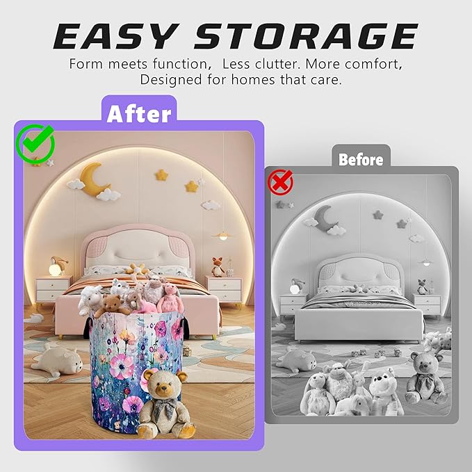 Colorful Flowers Laundry Basket Floral Art Oxford Cloth Laundry Hamper Funny With Handle Foldable Portable Clothes Storage Basket 18.9 X 16.5 Storage Bag For Laundry Room/Bathroom/Bedroom/Dormitories