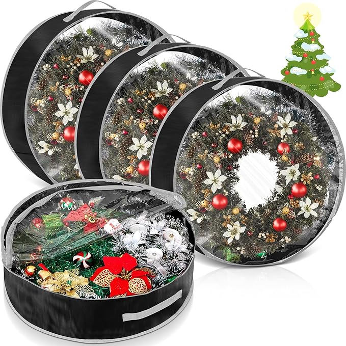 4 Pcs Christmas Wreath Storage Bag, Christmas Garland Storage Container with Clear Window, Zipper & Handle for Xmas Holiday Seasonal Wreath Garland Box(Black,36")