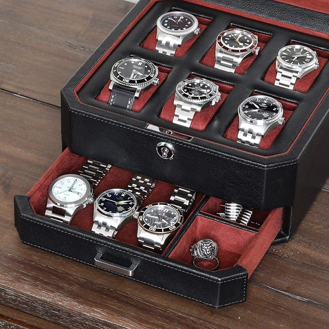 ROTHWELL Gift Set 6 Slot Leather Watch Box and 2 Watch Travel Case - Luxury Case Organizer, Microsuede Liner, Locking Mens Jewelry Watches Holder, Storage Boxes Glass Top (Black/Red Gift Set)