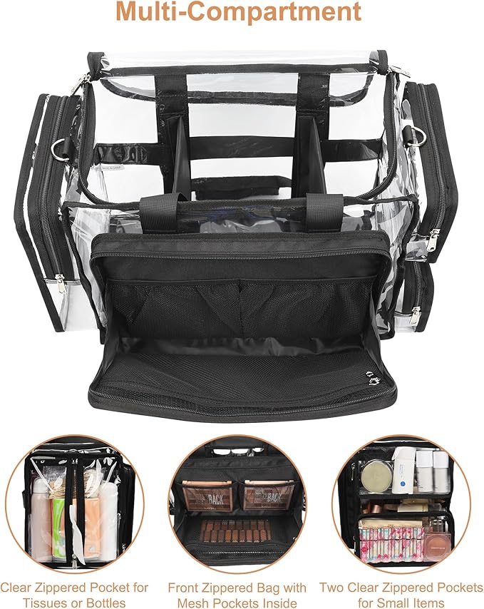 Relavel Clear Makeup Bag with 2 Clear Pouches, Extra Large Makeup Artist Kit Set, Cosmetic Storage Organizer Hair Stylist Traveling Bag, Transparent Tote Duffle Beach Toiletry Bag with Shoulder Strap