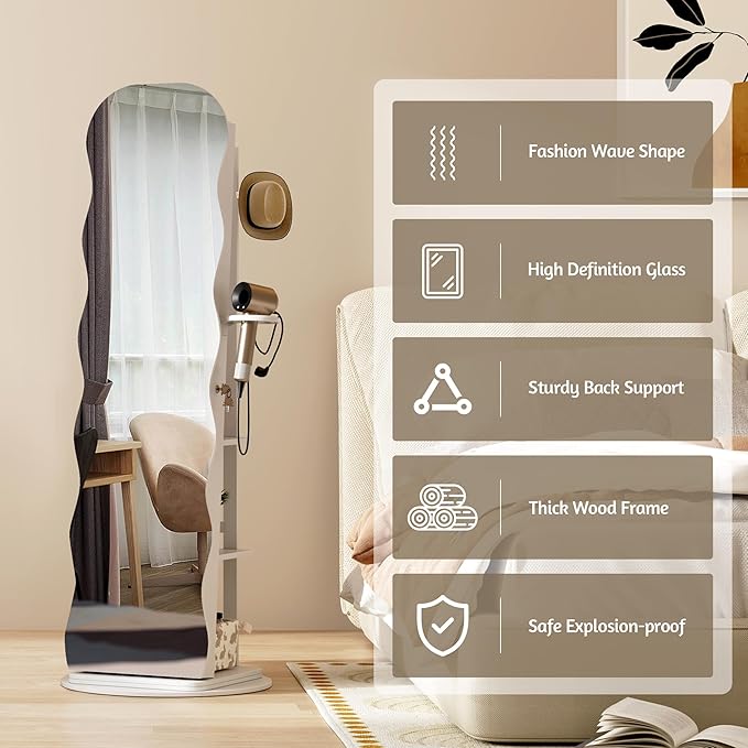 Vlsrka 360° Swivel Jewelry Aromire with Wavy Mirror, Lockable Jewelry Organizer Mirror Full Length, Rotatable Standing Mirror with Storage, Jewelry Cabinet, Interior Mirror, Flodable Shelf, White