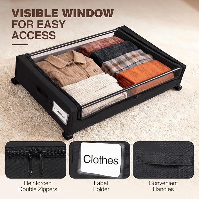 Under Bed Storage with Wheels, 2 Pack Under bed Storage Containers, XXL 60L Rolling Under Bed Drawers on wheels for Clothes, Shoes, Blankets in Bedroom, Dorm, Black