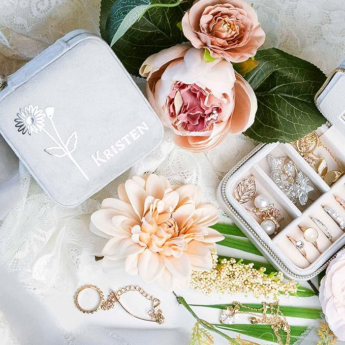 Customizable Compact Velvet Jewelry Box with Mirror, Travel Jewelry Case, Travel Jewelry Organizer, Jewelry Box for Women and Girls, Small Jewelry Organizer (Flower Design, Milky Gray)