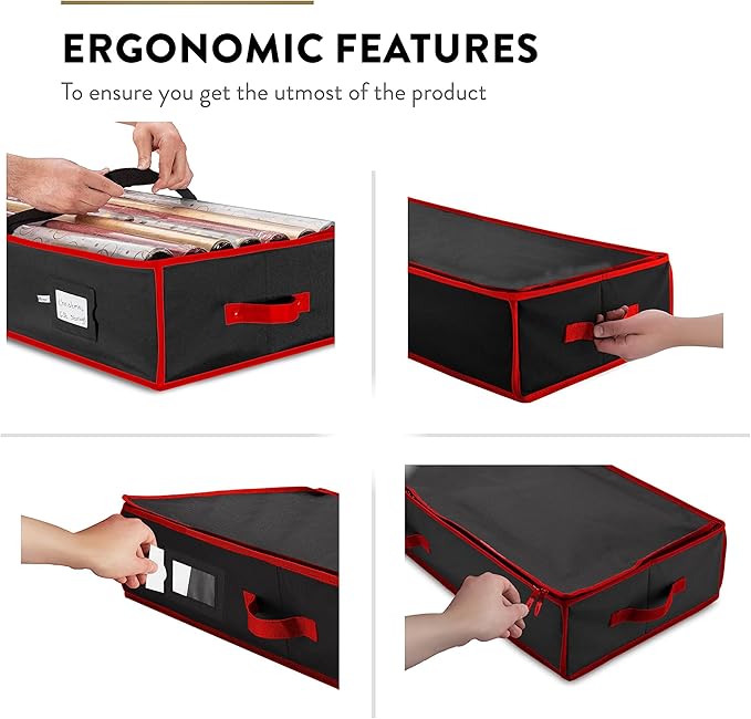 ZOBER Gift Wrapping Paper Organizer Storage - 40" Gift Wrap Storage Containers with Interior Pockets for Bows, Tags & Ribbons - Wrapping Paper Holder, 600D Oxford, Fits 24 Standard Rolls, Black/Red