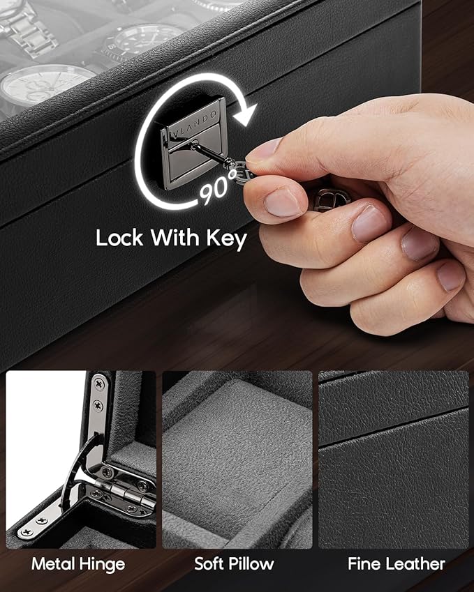 Vlando 6-Slot Watch Box Organize, Lockable Watch Case with Textured Leather, 2 Layer Watch Holder for Rings, Bracelets, Glasses, Glass Lid, Removable Divider, Gift for Fathers, Husband, Friend, Grey