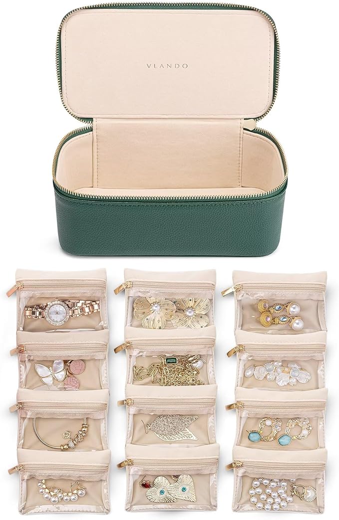 Vlando Jewelry Travel Case,Travel Jewelry Organizer with Clear Velvet Jewelry Bags 12Pcs Zipper Pouch for Women Girl Gift-Green