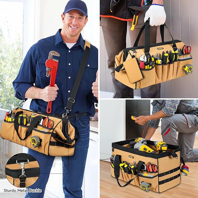 18.5-Inch Tool Bag,43 Pockets Tool Bags for Men,Heavy Duty Tool Box Organizer Storage,Wide Mouth Toolbag Tools Tote Carrying Case for Dad,Mechanic,Electrician,Brown,Bag Only