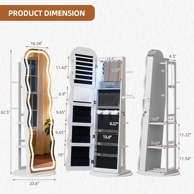 Vlsrka LED Mirror Jewelry Cabinet Standing, 360° Swivel Jewelry Aromire Organizer with Wavy Mirror, Lockable Jewelry Mirror with Storage, Jewelry Cabinet, Interior Mirror, Flodable Shelf, White