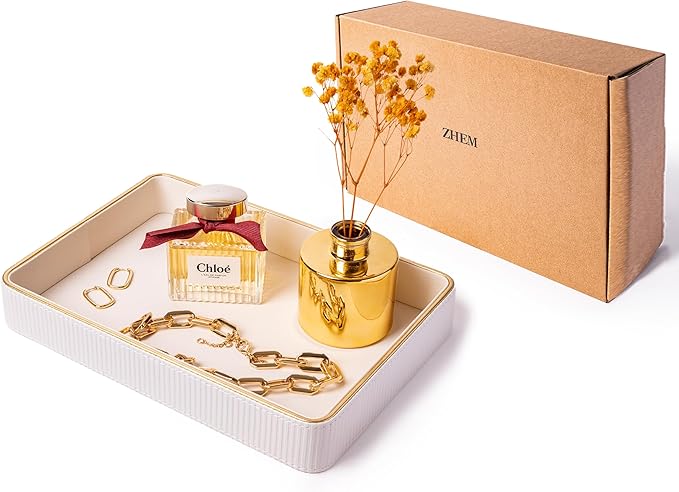 ZHEM Perfume Tray Valet Tray Night Stand Bedside Organizer| Perfume Organizer Catchall| Perfume Trays for Dresser Vanity Tray for Dresser Countertop| Perfume Holder (Beige 8"x11"x1.75")