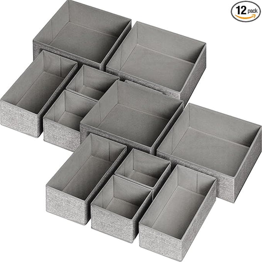 12 Pack Drawer Organizers for Clothing, Foldable Clothes Storage Box Closet Dresser Drawer Organizers Dividers, Bedroom Organization Fabric Bins for Baby Clothes Underwear Sock Bra Ties (Grey)