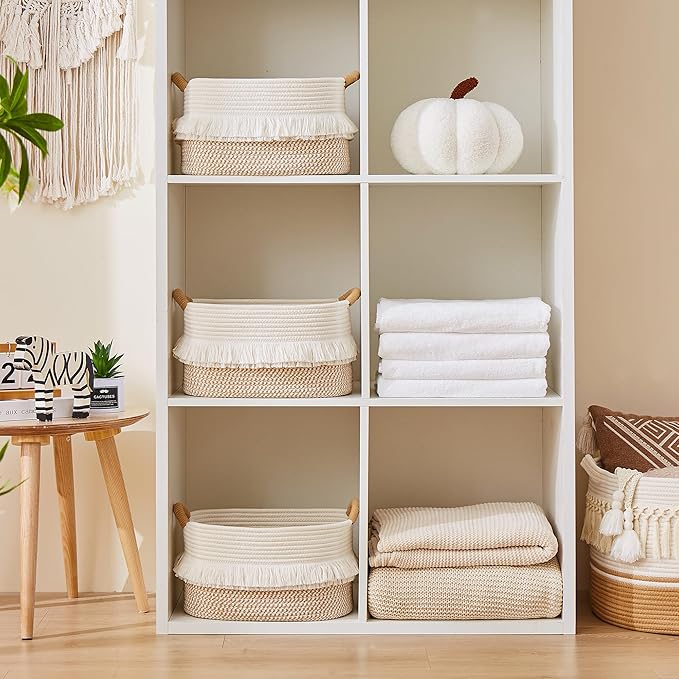 Storage Bins Woven Baskets for Storage Set of 3, Cotton Rope Basket with Handles for Toys/Shelves/Laundry, Rectangle Multi-Purpose Organizer for Living Room, Bedroom, Nursery (White/Brown)