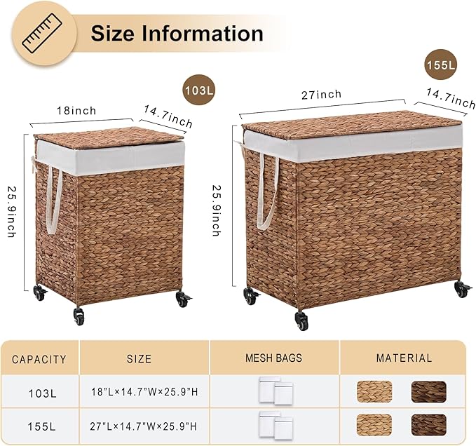 3-Section Laundry Hamper with Lid, Large Capacity Woven Natural Water Hyacinth Laundry Sorter with Removable Liners, Rolling or Non-Slip Design for Bedroom (Espresso, 3-Section)