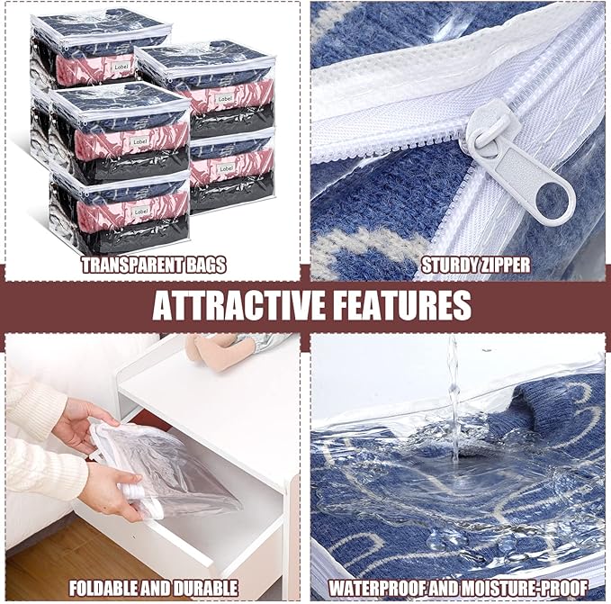 Hoolerry 6 Pieces Sweater Storage Bags Plastic Clear PVC Clothes Storage Bags with Zipper and Label for Blankets Clothes Closet Quilt Pillow Bed Sheet Organizer(12 x 12 x 12 Inch)