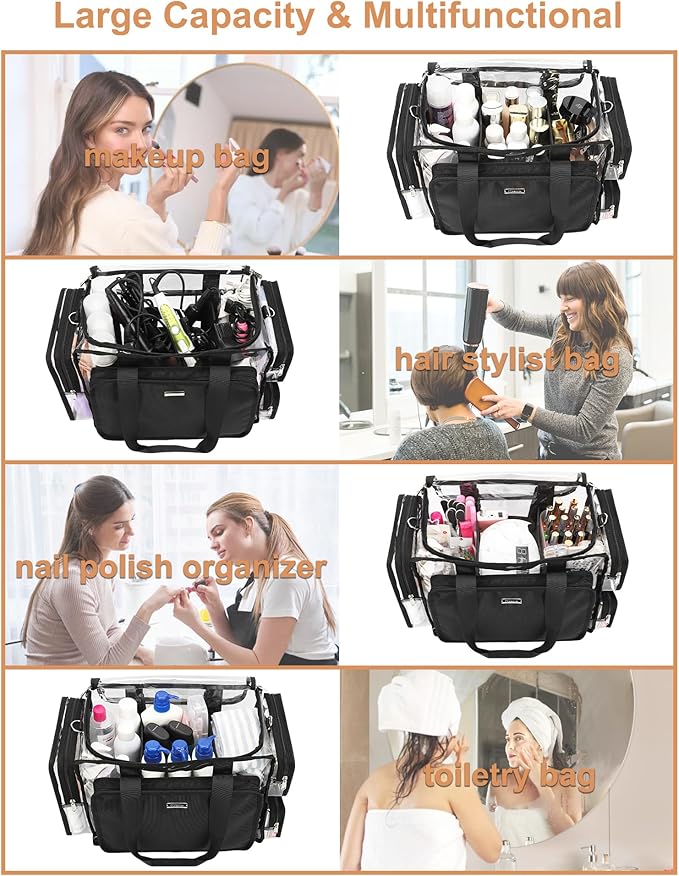 Relavel Clear Makeup Bag with 2 Clear Pouches, Extra Large Makeup Artist Kit Set, Cosmetic Storage Organizer Hair Stylist Traveling Bag, Transparent Tote Duffle Beach Toiletry Bag with Shoulder Strap
