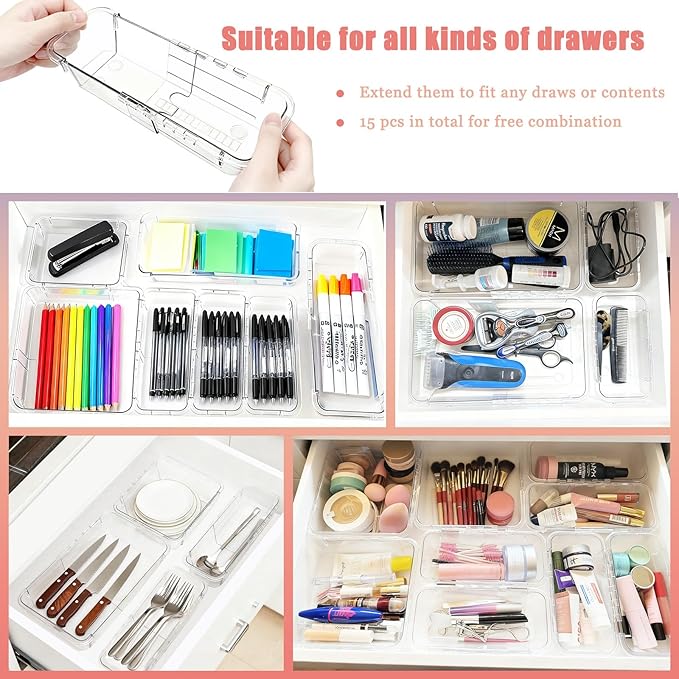 15 Pcs Extendable Drawer Organizer Set, 2 Sizes Adjustable Storage Drawer Units, Clear Plastic Makeup Vanity Organizer for Makeup, Stationeries, Multiple Gadgets for Bathroom, Office, Bedroom