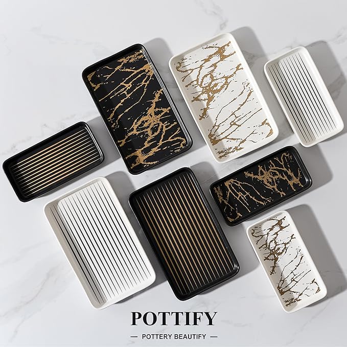 Bathroom Vanity Tray for Countertop,2PC Rectangle Striped Tray,Decorative Bathroom Organizer for Scrubber, Lotion Bottles, Perfume, Jewelry, Candle, Key Trinket Ring(Large,Black)