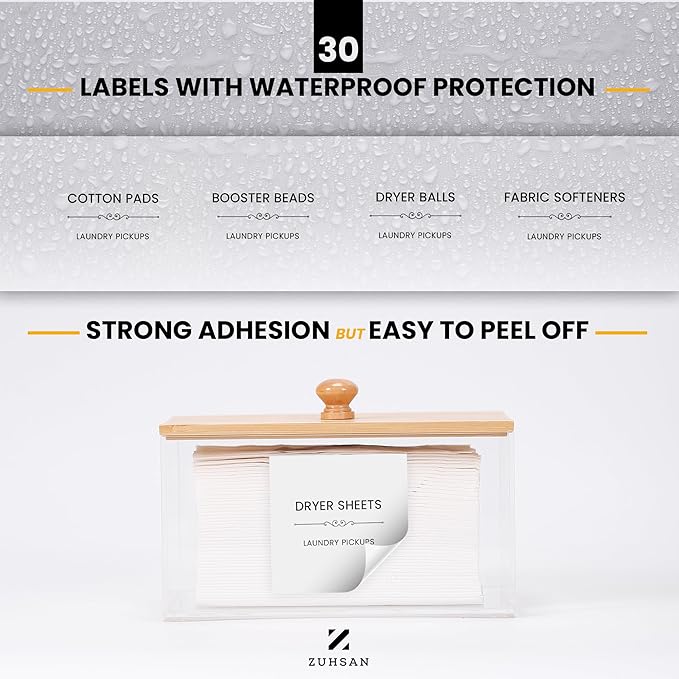 Dryer Sheet Holder with 30 waterproof Labels, Acrylic made tissue box holder, Acrylic Container Storage Box for Laundry Room Organization, Holds Sheets, Balls, Clothes Pins, Laundry Pods