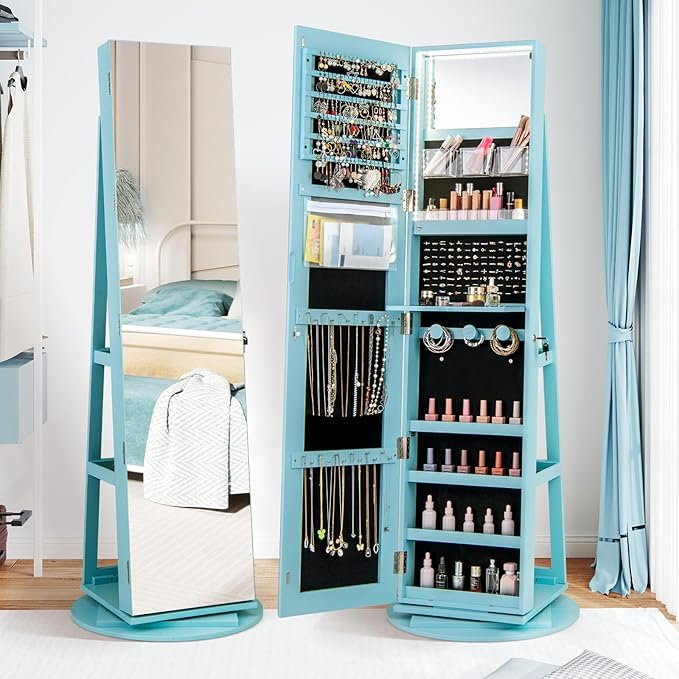CHARMAID 360° Swivel Jewelry Armoire with Full Length Mirror, Rear Storage Shelves, Lockable Standing Jewelry Cabinet Organizer with Interior Vanity Mirror and 3-Color Lights (Sky Blue)