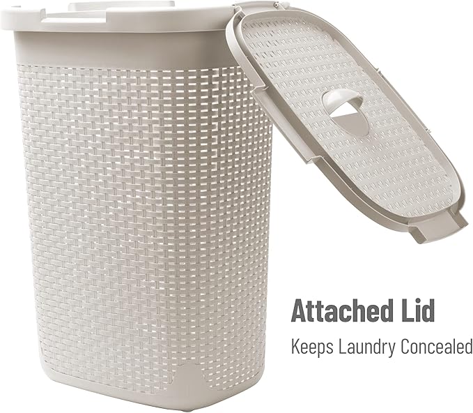 Mind Reader Slim Laundry Hamper with Lid, 60L Clothes Baskets, Premium Wicker Design, Plastic, 2-Pack, Ivory